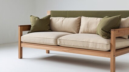a modern, minimalist-style sofa with a wooden frame. The sofa features a light oak finish, highlighting its clean lines and sturdy construction.