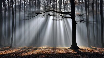 Sunbeams in Foggy Forest
