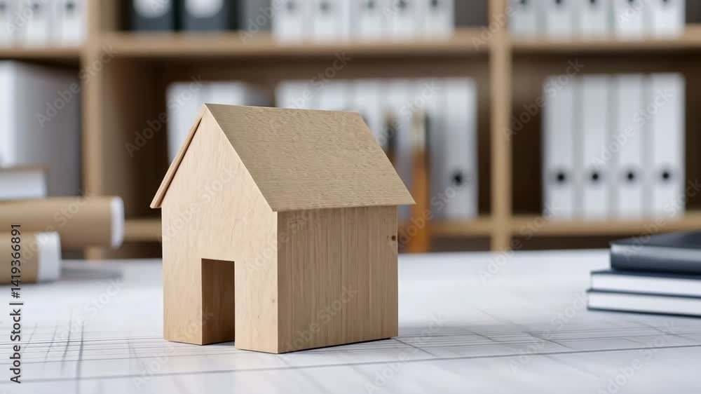 Poster wooden model house on blueprints and documentation, showcasing architectural design and planning in 