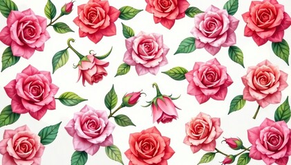 Delicate watercolor roses, densely arranged in repeating pattern , roses, floral