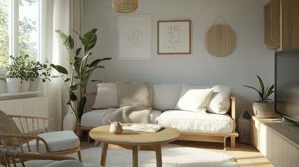 Fototapeta premium Bright living room features modern furniture and minimalist decorations