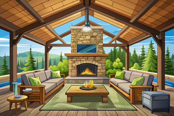 vector of Beautiful rustic stone fireplace in an outdoor living room on the deck of a modern log home, featuring comfortable seating and a flat-screen TV above, ...
