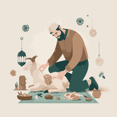 Illustration of Eid al-Adha. Muslims Prepare Sacrificial Animals. People Celebrate Eid al-Adha