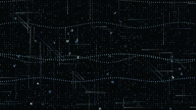 Binary data streams and hexadecimal code overlay flowing on dark background, digital matrix programming concept animation