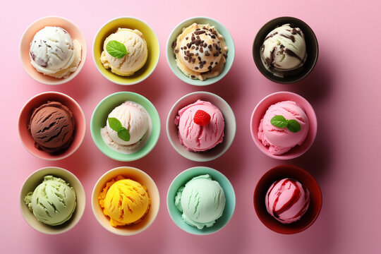 Assortiment de boules de cr&egrave;me glac&eacute;e color&eacute;e en coupes sur fond rose, vari&eacute;t&eacute; de parfums, dessert estival, plaisir sucr&eacute;, concept rafra&icirc;chissant, artisans glaciers, journ&eacute;e mondiale de la glace 23 ju