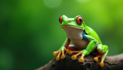 Green tree frog perched on white, vibrant skin, textured skin, isolated, white background