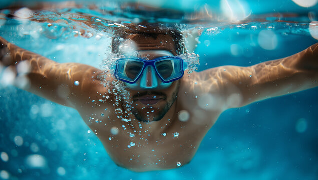 Homme nageant sous l&rsquo;eau avec masque de plong&eacute;e dans une piscine, vue frontale dynamique et immersive en apn&eacute;e, bulles et lumi&egrave;re bleut&eacute;e, activit&eacute; estivale et sportive aquatique