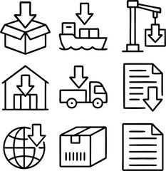 Import Logistics Line Icons &ndash; 9 Minimalist Symbols for Global Trade & Shipping