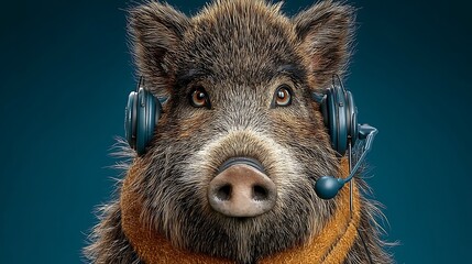 Fototapeta premium Boar Wearing Headset Against Teal Background