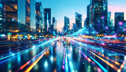 Fototapeta premium Smart city neon veins pulse through a futuristic city, alive with data.