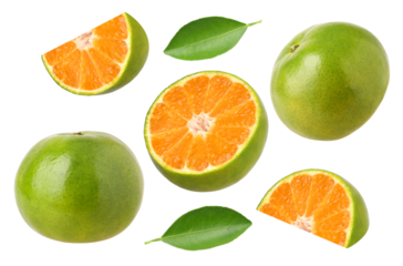 Tangerine orange, half and slices isolated, transparent PNG, PNG format