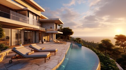 Fototapeta premium Modern Villa with Infinity Pool and Sunset Views