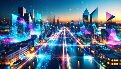 Obraz premium Smart city neon veins pulse through a futuristic city, alive with data.