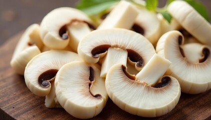 Delicate white mushroom slices, neatly arranged , crispy, healthy, nature