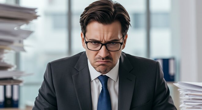 Man in suit with glasses looking annoyed surrounded by stacks of papers in an office setting