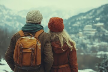 A couple stands close together, admiring a snowy mountain view while snowflakes fall softly around them