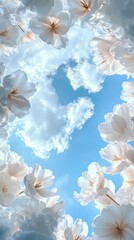 Delicate white flowers bloom against a cerulean sky.