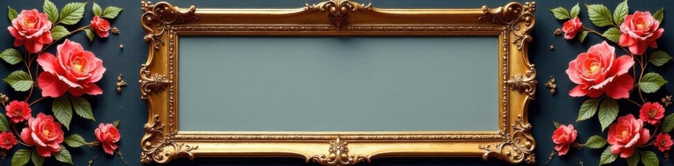 Ornate picture frame with gilded details and floral patterns, gold leaf, classic, antique
