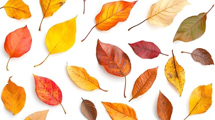 Obraz premium Colorful Autumn Leaves on White Background in Variety of Shapes and Sizes for Seasonal Decor