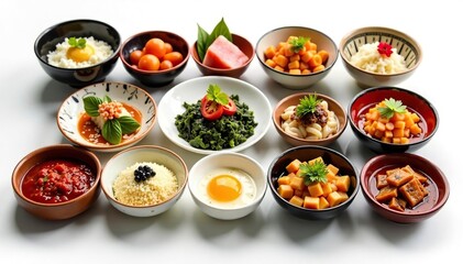 Various Japanese side dishes on white background, plant based, delicious, food