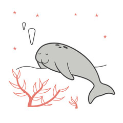 Cartoon manatee relaxing peacefully underwater with coral background  