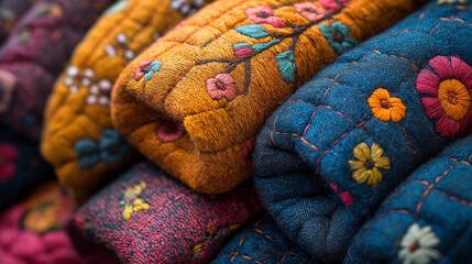 Fototapeta premium Colorful Embroidered Quilts Rolled for Festa Junina Display