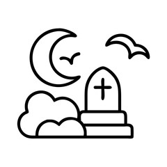 Halloween night graveyard scene with tombstone moon bat bird and spooky cloud vector illustration