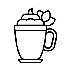 Latte art vector drawing: coffee cup with cream and leaf garnish line art illustration design