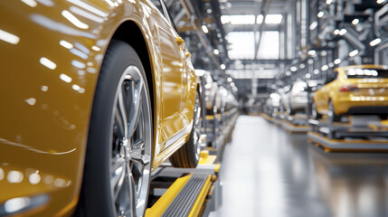 Modern car manufacturing plant showcasing vehicles on assembly line, highlighting innovation and efficiency