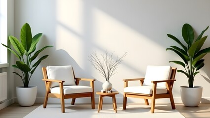 Fototapeta premium minimalist living room with wooden furniture and plants