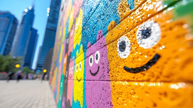Colorful mural of cartoon creatures on city wall - Powered by Adobe