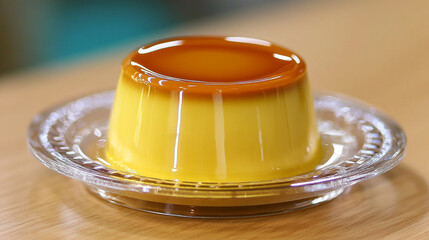 Japanese custard pudding purin in mold glossy carame