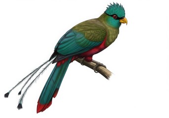 Obraz premium Colorful bird with long tail feathers perched on a wooden branch isoleted on white background