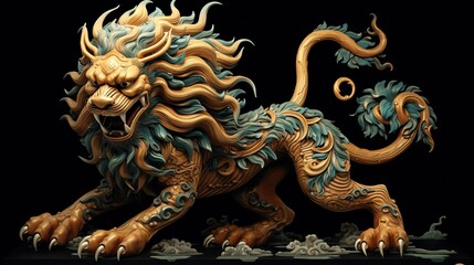 Fototapeta premium Majestic Forest Guardian Lion Sculpture with Intricate Details