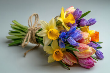 Obraz premium Colorful bouquet of tulips and daffodil make vibrant scene, evoking feeling of joy and freshness. beautiful arrangement with spring flowers tied with twine