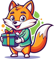 A mascot logo featuring a playful and curious cartoon fox with a gift box, representing investigation and discovery for a research company