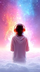 Girl in cosmic soundscape digital art positive vibes colorful effects