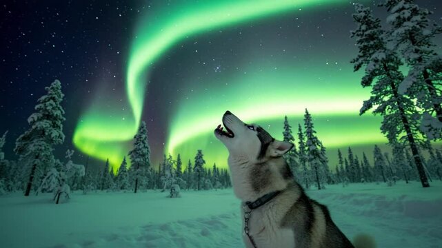 Husky Howling under Aurora Borealis