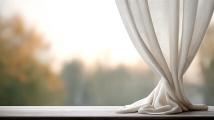 Soft curtain draping by window with blurred background