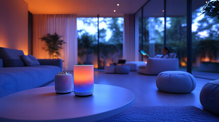 Modern living space with ambient lighting and a person relaxing during the evening