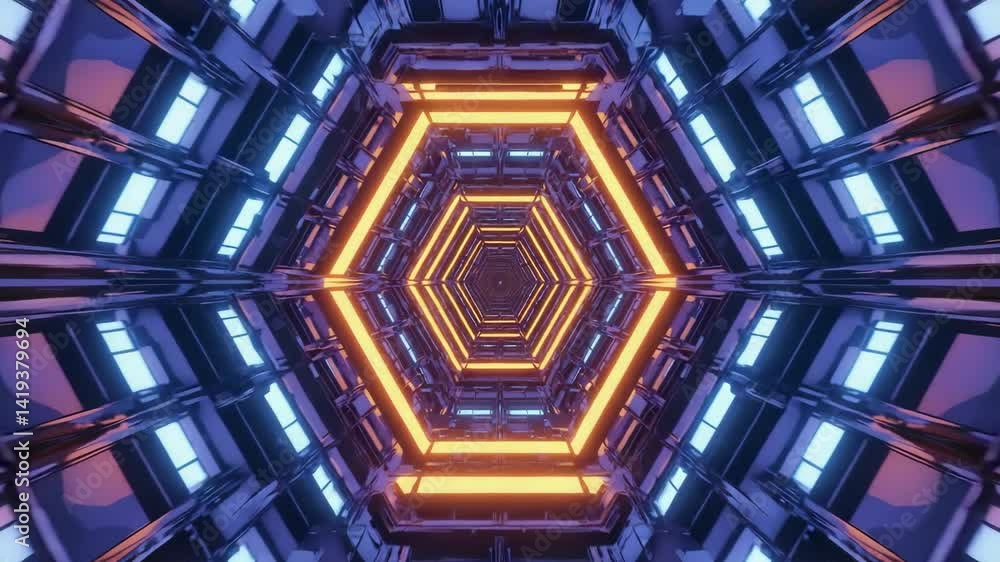 Wall mural vibrant hexagonal tunnel design in a futuristic setting