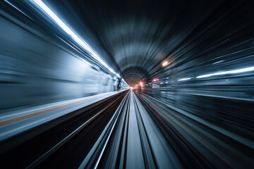 Abstract motion blur inside moving train tunnel, this expresses sense of speed and travel. inside shows blurred lights giving feeling of velocity