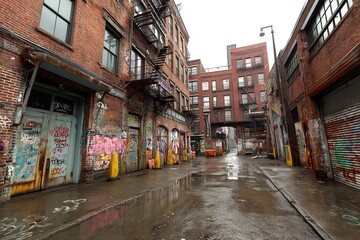 Naklejka premium Urban Back Alley with Graffiti-Covered Brick Walls and Empty Concrete Ground Under a Cloudy Sky – Gritty Cityscape Atmosphere