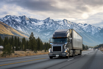 Obraz premium Large transport truck and highway are visible in this captivating picture, driving through mountains, showcasing its raw power and conveying sense of freedom