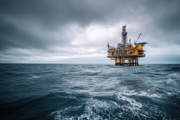 Offshore platform stands strong against open ocean, conveying sense of resilient determination against threatening storm