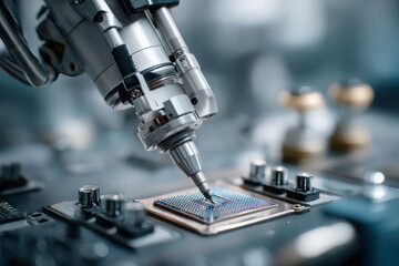 Fototapeta premium Close up precision robotic arm working on microchip, looking focused and competent. display of advanced technology and automated manufacturing