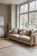 Fototapeta premium A modern Scandinavian interior design of a living room with sofa and interior accessories visible and windows. Generative AI 