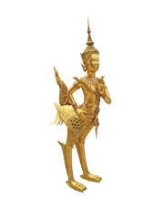 Golden statue of Kinnorn (or Kinnari), Himmapan forest creatures isolated on white background. Narasingha are semi-divine beings which are half-woman and half-bird. 