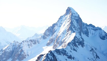Fototapeta premium Snow-covered mountain peak against bright white sky, texture, landscape, clean