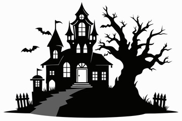 haunted house silhouette line art vector illustration